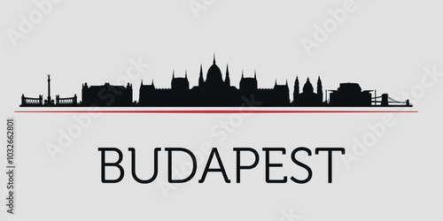 Black silhouette of Budapest city skyline, emphasized by red line with text. Vector on a gray background
