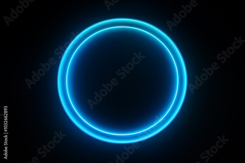 A close up of single circle made from blue neon glow light isolated on dark background