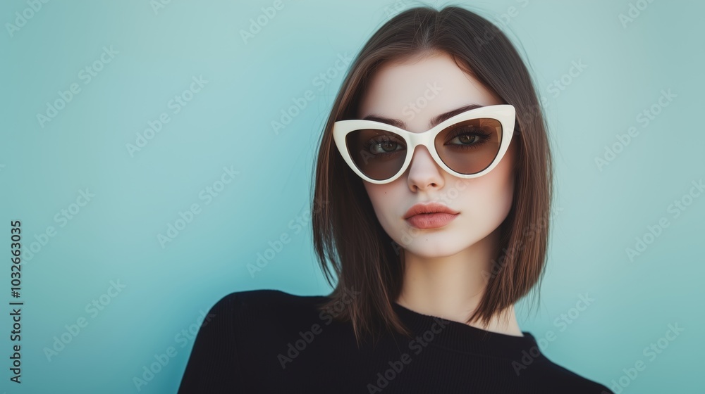 Close-up portrait of a young woman with cat-eye sunglasses Close-up portrait of a young woman with cat-eye sunglasses