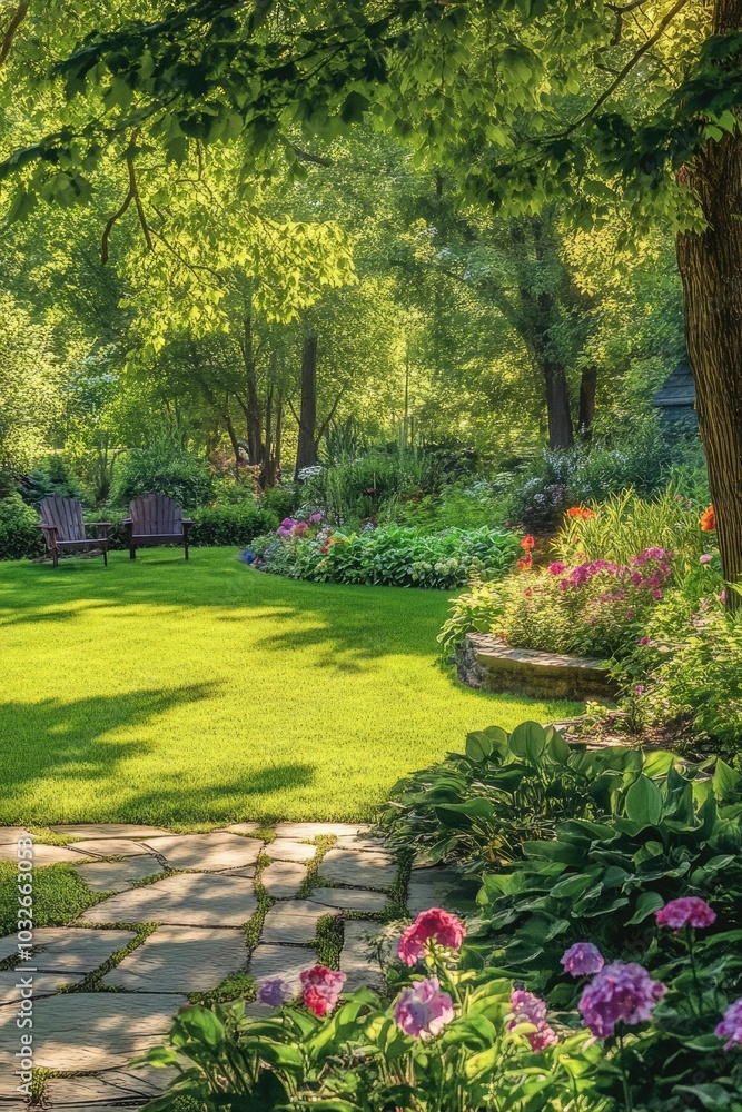 Obraz premium Tranquil Oasis: Lush Garden Retreat with Wicker Seating Set. Hand-Painted Watercolor Design