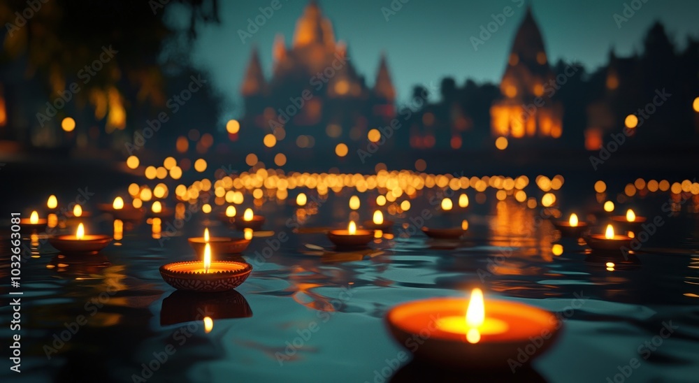 Burning candles in water for Diwali holiday, created with Generative AI technology.traditional Indian temples in the background, orange and red lights, Burning candles in water for Diwali holiday, created with Generative AI technology.traditional Indian temples in the background, orange and red lights,