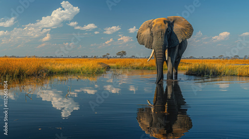 Africa, Botswana, Chobe National Park, African Elephant (Loxodonta Africana) stands at edge of water hole in Savuti Marsh photo