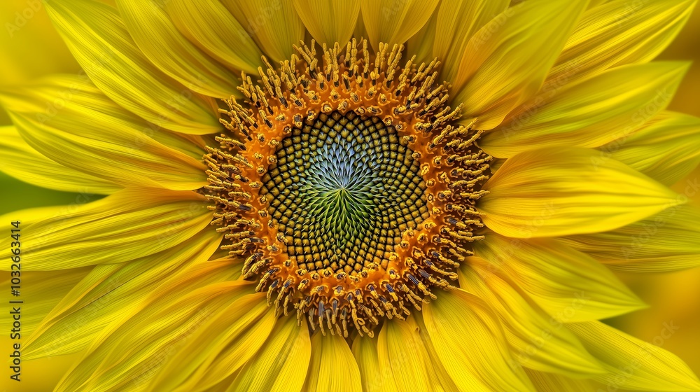 Close-up of sunflower center with spiral seed pattern and yellow petals Close-up of sunflower center with spiral seed pattern and yellow petals