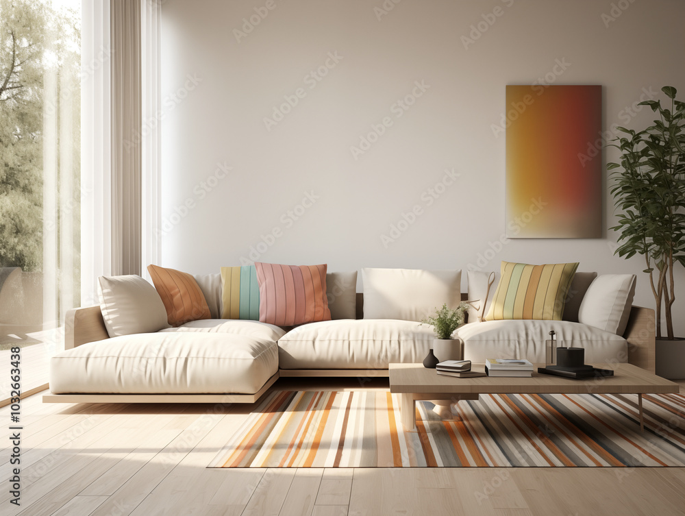 Fototapeta premium Modern living room interior with stripe elements in interior and decor. Scandinavian minimalist living room with stripes. 