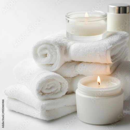 Relaxing ambiance with rolled towels and soothing candles, perfect for spa or wellness themes.