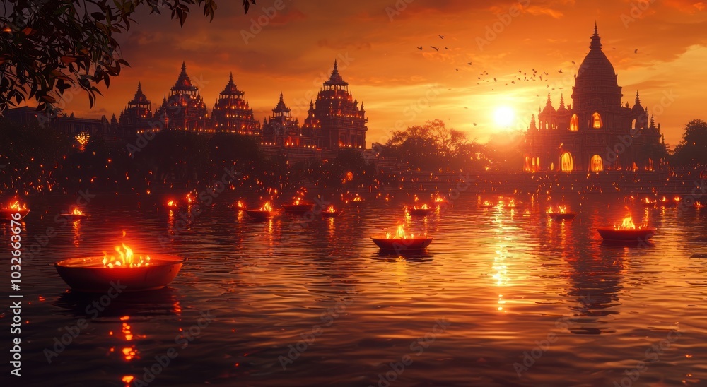 Fototapeta premium Burning candles in water for Diwali holiday, created with Generative AI technology.traditional Indian temples in the background, orange and red lights, 