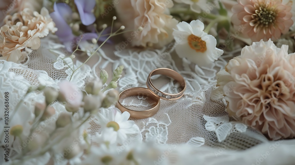 A pair of wedding bands resting on a vintage lace cloth, surrounded by delicate flowers. A pair of wedding bands resting on a vintage lace cloth, surrounded by delicate flowers.