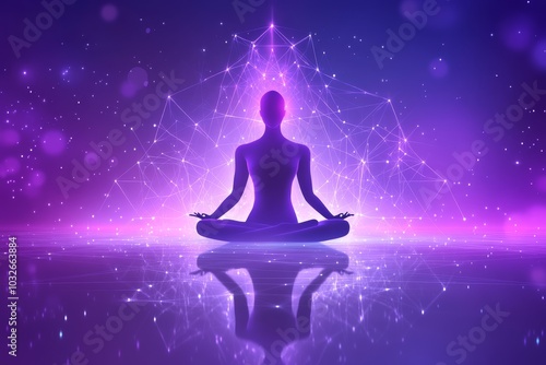 Meditating figure with glowing chakras and radiant purple energy lines symbolizing spiritual enlightenment harmony and the power of cosmic forces in a surreal vibrant dreamscape