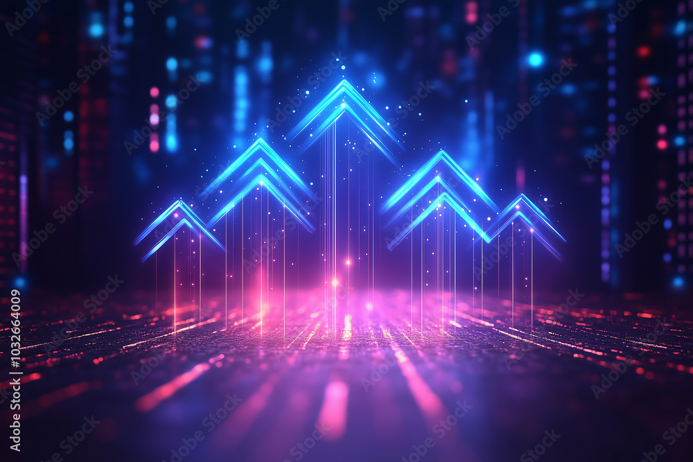 Increasing concept. Vibrant, luminous upward arrow heads against a dark blue backdrop, symbolizing growth, increase, and positive trends in business. Increasing concept. Vibrant, luminous upward arrow heads against a dark blue backdrop, symbolizing growth, increase, and positive trends in business.