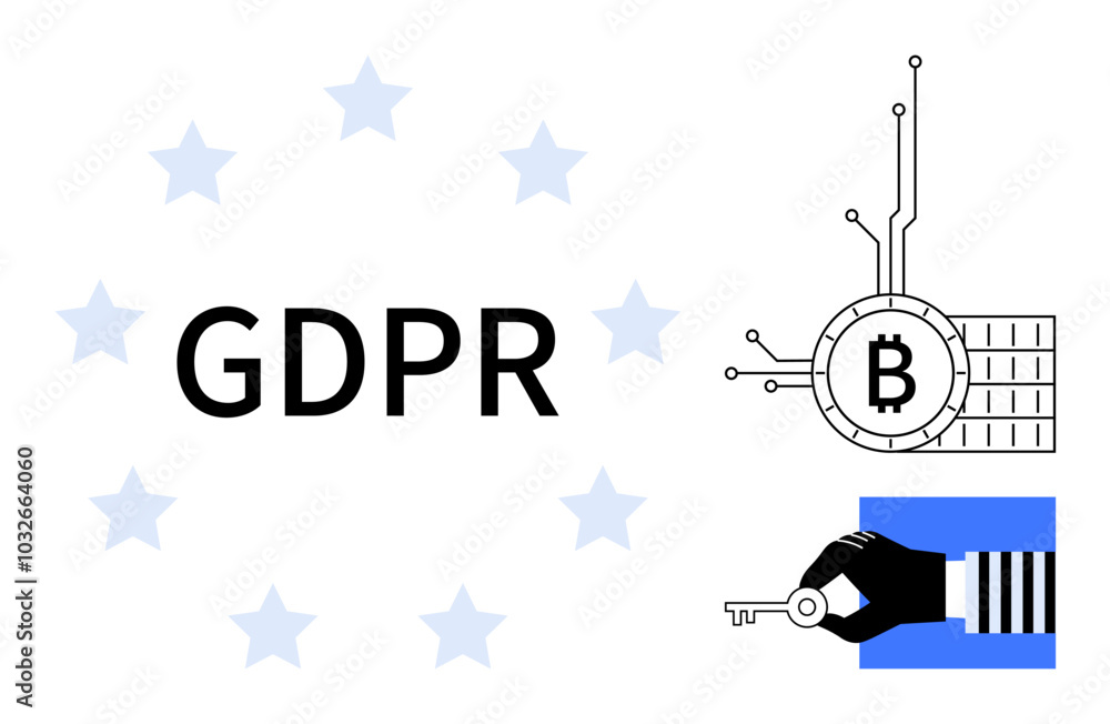 GDPR text centrally placed surrounded by stars, blockchain symbol on the right with a digital circuit, and a hand holding a key. Ideal for data protection, blockchain technology, privacy, security GDPR text centrally placed surrounded by stars, blockchain symbol on the right with a digital circuit, and a hand holding a key. Ideal for data protection, blockchain technology, privacy, security