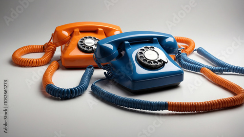 Two vintage rotary telephones: bright orange and blue, with coiled cords, side by side on a table. photo