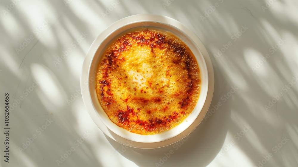 Top View of Golden-Brown Crème Brûlée with Caramelized Sugar on White Background and Soft Shadows Top View of Golden-Brown Crème Brûlée with Caramelized Sugar on White Background and Soft Shadows
