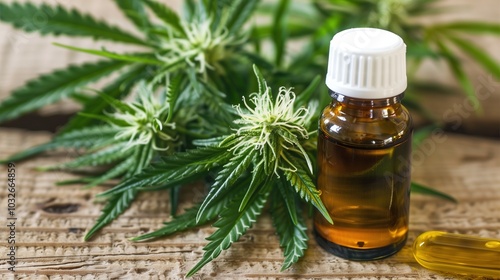 Close-up of Cannabis Oil Bottle with Fresh Cannabis Leaves on Wooden Background for Medical Use