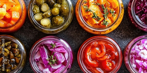 overhead photo of jars of pickled vegetables on tabletop photo