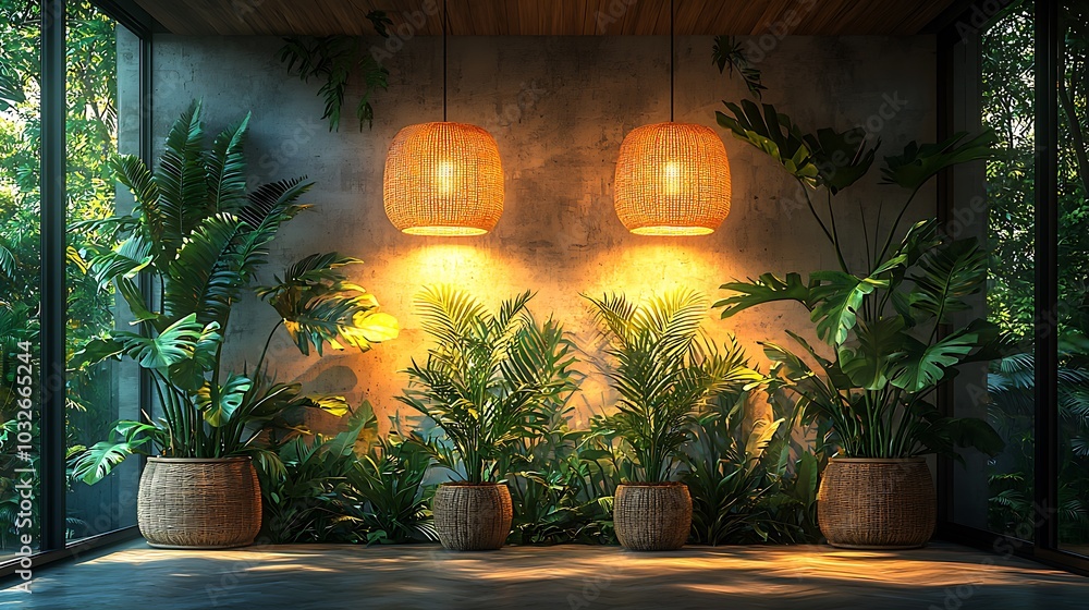 Tropical plants in a room with two wicker pendant lights. Tropical plants in a room with two wicker pendant lights.