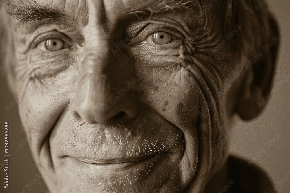 Warm Smile of Wisdom: Portrait of a Senior Man with Character and Kindness in Monochrome Beige Warm Smile of Wisdom: Portrait of a Senior Man with Character and Kindness in Monochrome Beige