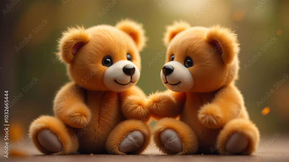 Adorable Companionship: Close-Up of Two Small Teddy Bears Sharing a Joyful Moment Adorable Companionship: Close-Up of Two Small Teddy Bears Sharing a Joyful Moment