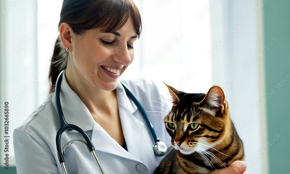 Smiling veterinarian holding a cat during a check-up in a bright and welcoming clinic environment Smiling veterinarian holding a cat during a check-up in a bright and welcoming clinic environment