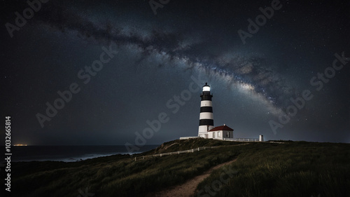 Lighthouse with Milky Way galaxy shining brightly above on a clear, starry night over the ocean horizon.