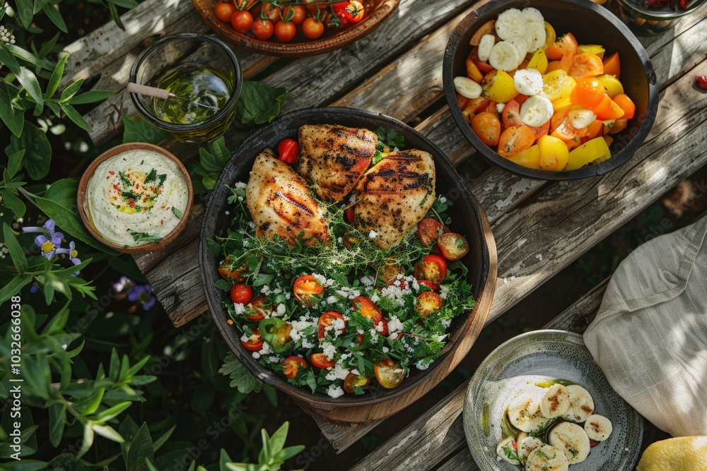 Grilled chicken breasts served with a fresh Fattoush salad, featuring cherry tomatoes, cucumbers, herbs, and crumbled cheese. The dish is paired with a creamy banana pepper dip, offering a healthy, Grilled chicken breasts served with a fresh Fattoush salad, featuring cherry tomatoes, cucumbers, herbs, and crumbled cheese. The dish is paired with a creamy banana pepper dip, offering a healthy,