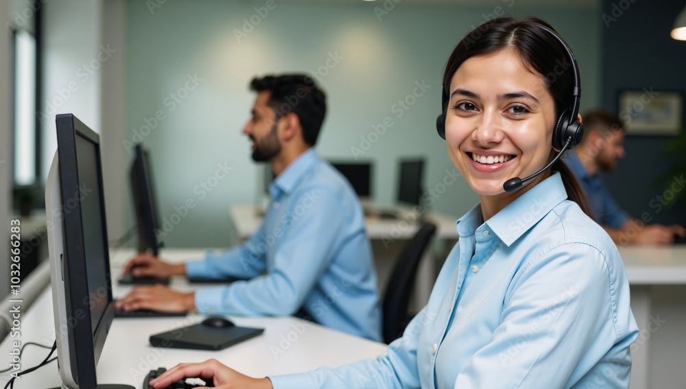 Close-up portrait of an Indian Customer Service Rep in office wearing a headset symbolizing support services