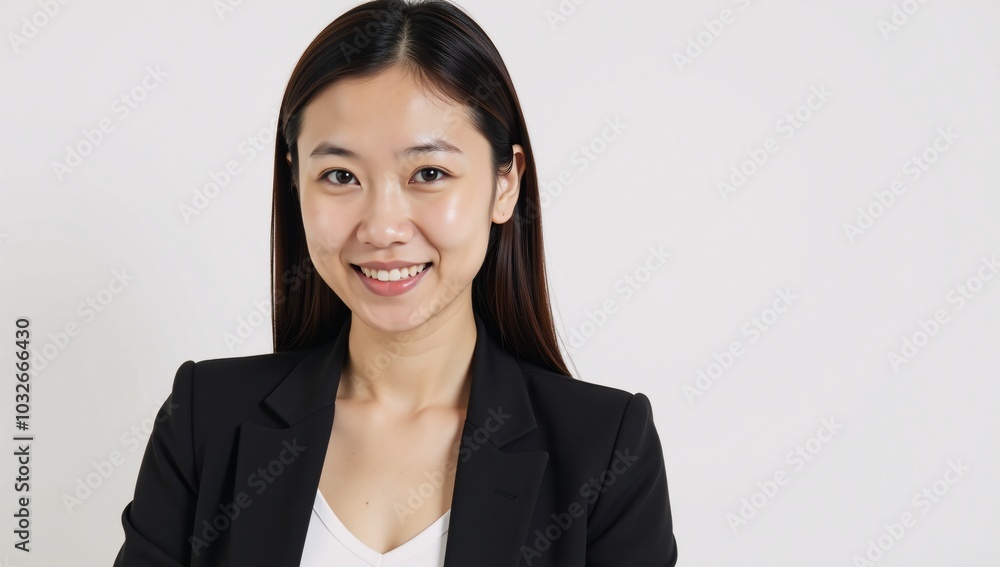 Portrait of an assertive Asian woman in a black blazer gazing straight into the camera Portrait of an assertive Asian woman in a black blazer gazing straight into the camera