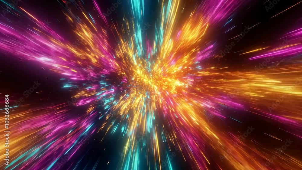 A vibrant explosion of yellow, blue, and pink light streaks across a black background, resembling a cosmic event or an abstract artistic creation A vibrant explosion of yellow, blue, and pink light streaks across a black background, resembling a cosmic event or an abstract artistic creation