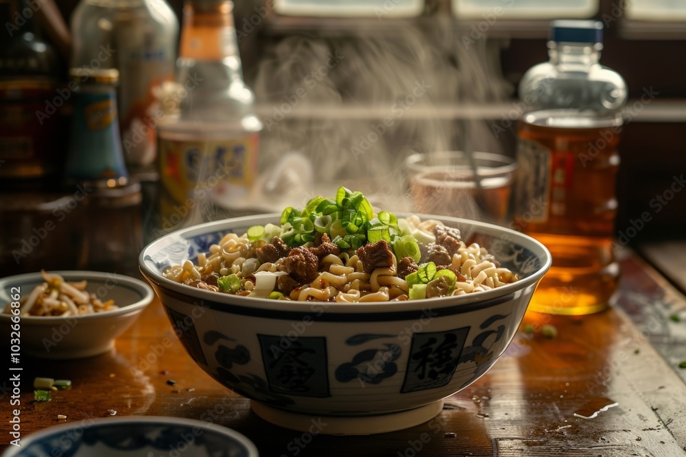 Bowl of steaming beef noodles garnished with fresh green onions and sesame seeds, placed on rustic wooden table. Hot beef broth with hearty noodles, tender beef chunks, exuding warmth and comfort. Bowl of steaming beef noodles garnished with fresh green onions and sesame seeds, placed on rustic wooden table. Hot beef broth with hearty noodles, tender beef chunks, exuding warmth and comfort.
