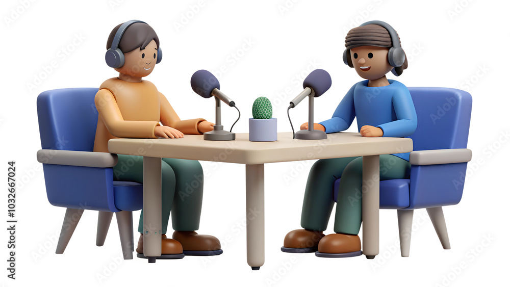 Two characters recording podcast isometric illustration isolated on the transparent background Two characters recording podcast isometric illustration isolated on the transparent background
