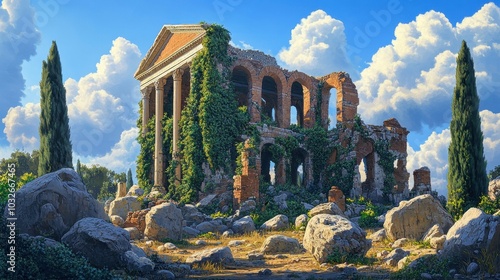 Partially collapsed Roman pantheon overgrown with ivy set under a blue sky