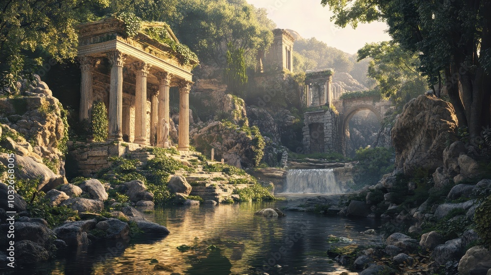 Roman temple nestled in a gorge with a gentle stream flowing nearby at dawn Roman temple nestled in a gorge with a gentle stream flowing nearby at dawn