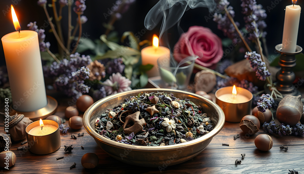 Wiccan witch altar with herb blend mix in brass dish, ready for incense burning. Background filled with dried lavender rose flowers, herbs, plants, chestnuts, burning candles. Incense burning ceremo Wiccan witch altar with herb blend mix in brass dish, ready for incense burning. Background filled with dried lavender rose flowers, herbs, plants, chestnuts, burning candles. Incense burning ceremo