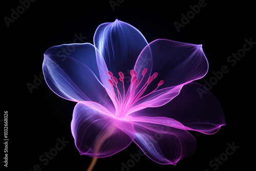 Daffodil flower petal made from purple neon glow light isolated on dark background