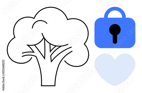 Simple illustration of a tree, blue lock and heart. Ideal for environmental conservation, security, love and care, holistic wellness, eco-friendly initiatives. Minimalist, clean style