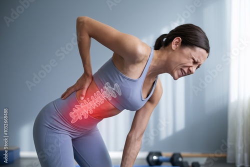 Back Pain and Injury: A woman in a gym setting experiences excruciating lower back pain, with a red-highlighted spine illustrating the severity of the discomfort.