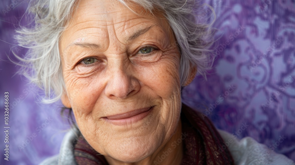 Senior Woman's Gentle Smile on Lavender Background - Portrait for Warmth and Wisdom Themes