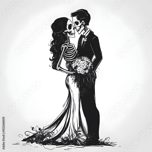 Gothic skeleton wedding couple in love, black and white illustration, symbolizing eternal love, dark romance, fantasy, spooky aesthetics, Halloween theme, and till-death-do-us-part vows
