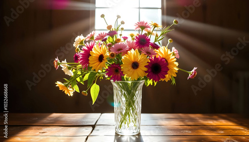 Wallpaper Mural A crystal vase filled with fresh, colorful flowers placed on a wooden table, casting reflections in natural light, adding elegance and warmth to the room Torontodigital.ca