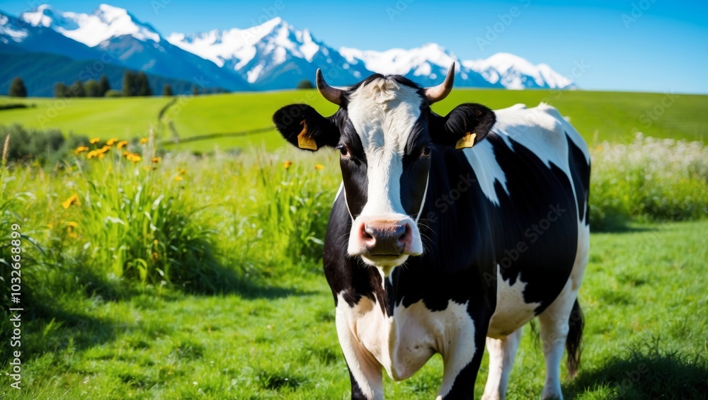 Majestic cow in lush field with mountain view Majestic cow in lush field with mountain view
