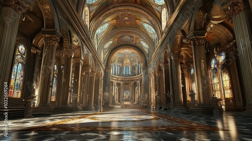 Basilica with vaulted ceilings and stained glass windows creating vibrant patterns