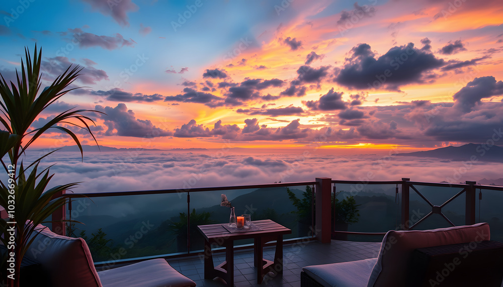Fototapeta premium Beautiful sunset views at Dreamy Skies Hotel. Experience the magic of sunset at sunset. Sit back and relax in a dreamy atmosphere isolated with white highlights, png