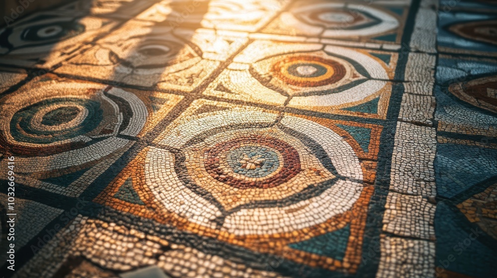Close-up of basilica mosaic floor intricate designs and colors lit by sunlight Close-up of basilica mosaic floor intricate designs and colors lit by sunlight