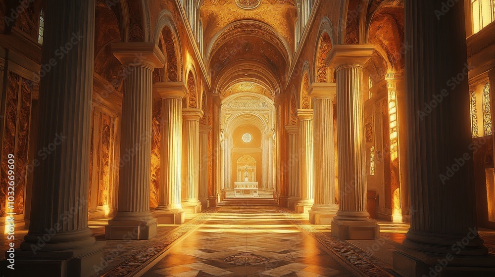 Main aisle of a Roman basilica columns and arches leading to an ornate altar Main aisle of a Roman basilica columns and arches leading to an ornate altar