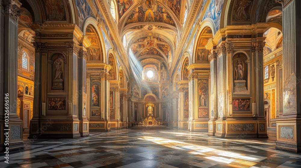 Fototapeta premium Roman basilica interior long nave leading to altar frescoes bathed in sunlight