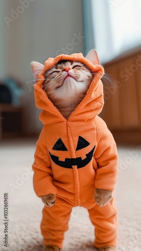 cute cat with pumpkin hat photo