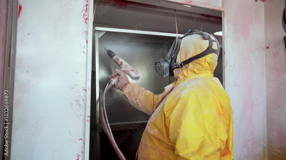 Factory Man in Yellow Uniform Covers Metal Shelf by White Paint, Spray to Steel Construction, Metal Shelf. Metal Construction Production. Manual Labor Work. Manufacturing line. Processing line. Factory Man in Yellow Uniform Covers Metal Shelf by White Paint, Spray to Steel Construction, Metal Shelf. Metal Construction Production. Manual Labor Work. Manufacturing line. Processing line.