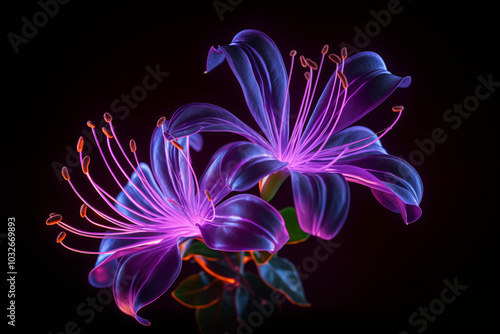 Honeysuckle made from purple neon glow light isolated on dark background