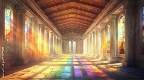 Illustration of basilica ceiling with coffered design light casting colorful shadows