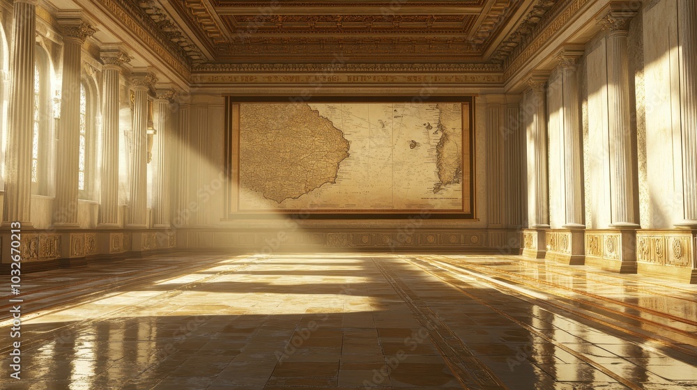 Map of Roman Empire on Senate chamber wall sunlight illuminating polished floor Map of Roman Empire on Senate chamber wall sunlight illuminating polished floor