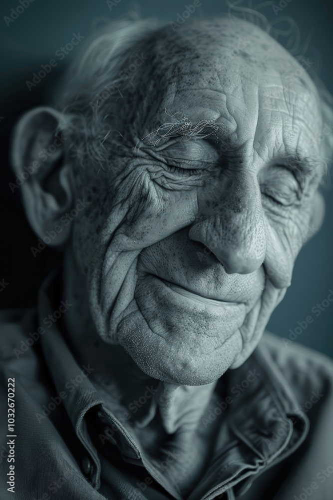 Wisdom and Tranquility: Close-Up Portrait of an Elderly Man with a Content Smile in Teal Monochrome Wisdom and Tranquility: Close-Up Portrait of an Elderly Man with a Content Smile in Teal Monochrome